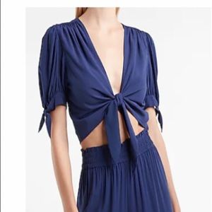Express Dark Blue Short Sleeve Tie Front Crop Top - NWT - Size Large - Navy Blue